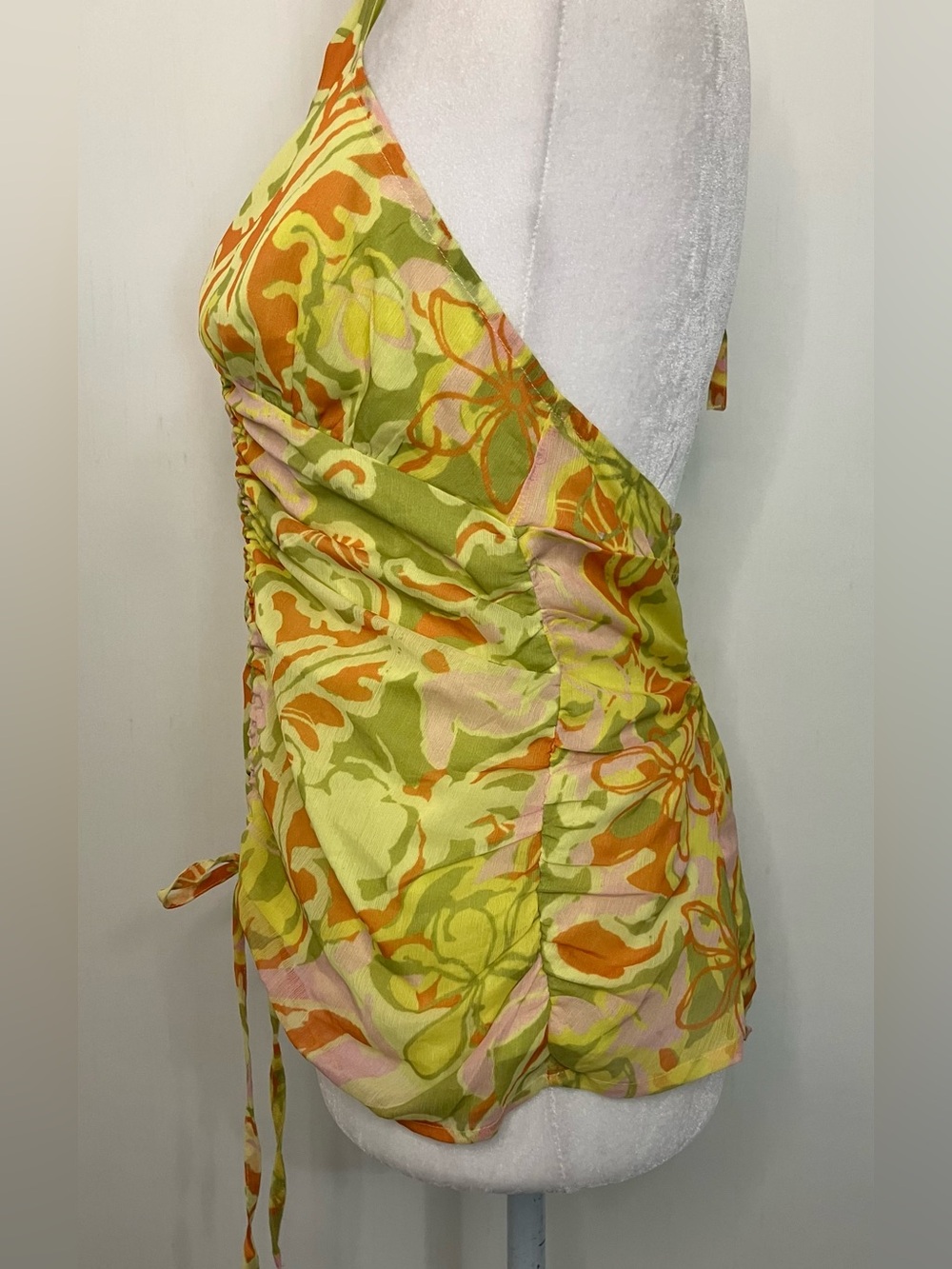 Free People Halter Top Smocked Ruched Beach 70s Print Rave Festival Yellow XS - Picture 3 of 9